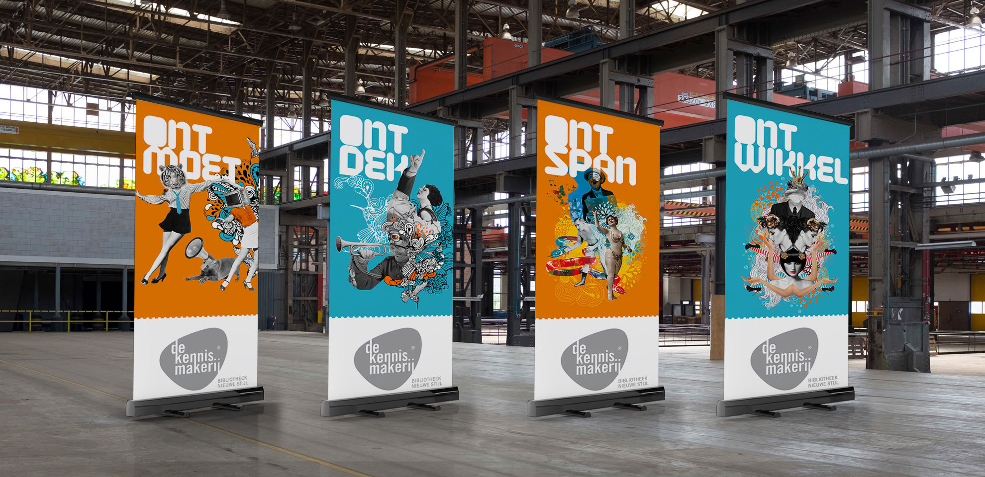 The four facade banners of de Kennismakerij, Meet, Discover, Relax and Develop, in the testing ground in the Spoorzone