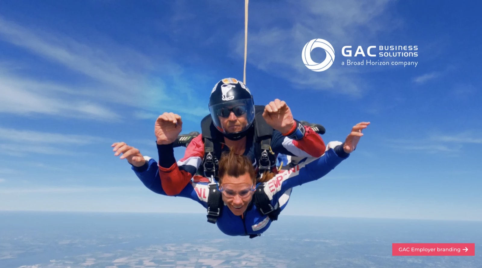 GAC Business Solutions, a Broad Horizon company: a tandem jump as the visual for the Sky High employer branding campaign.