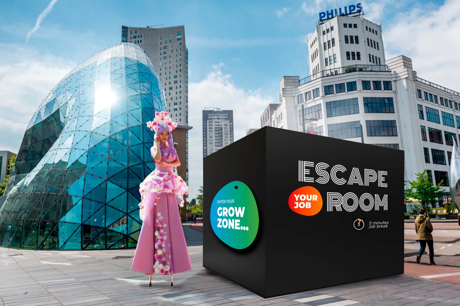 Concept visual of GAC's Escape (your job) Room at a Brainport hotspot, with the call enter your grow zone.