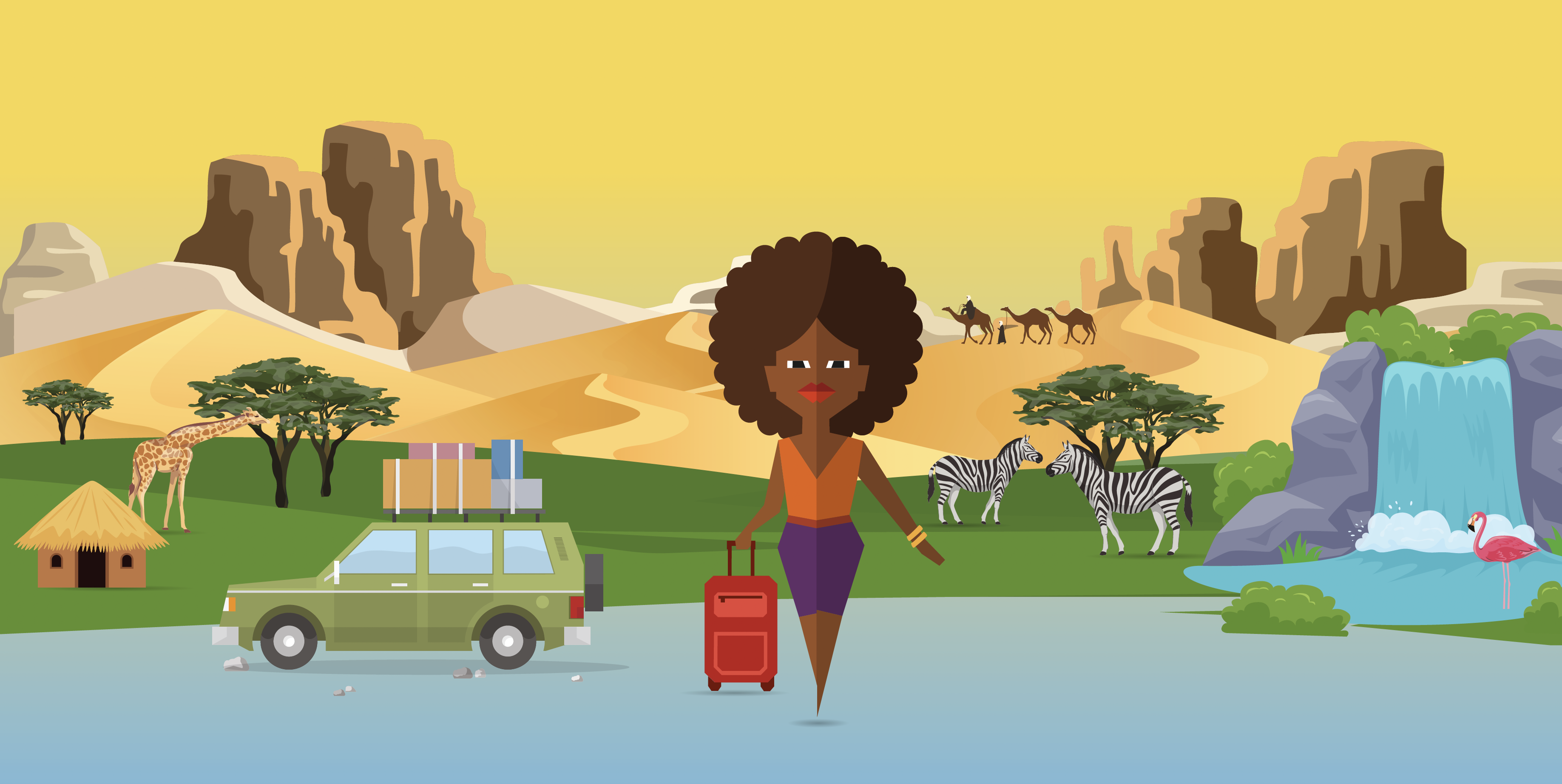 Illustration of a woman with a suitcase in an African landscape