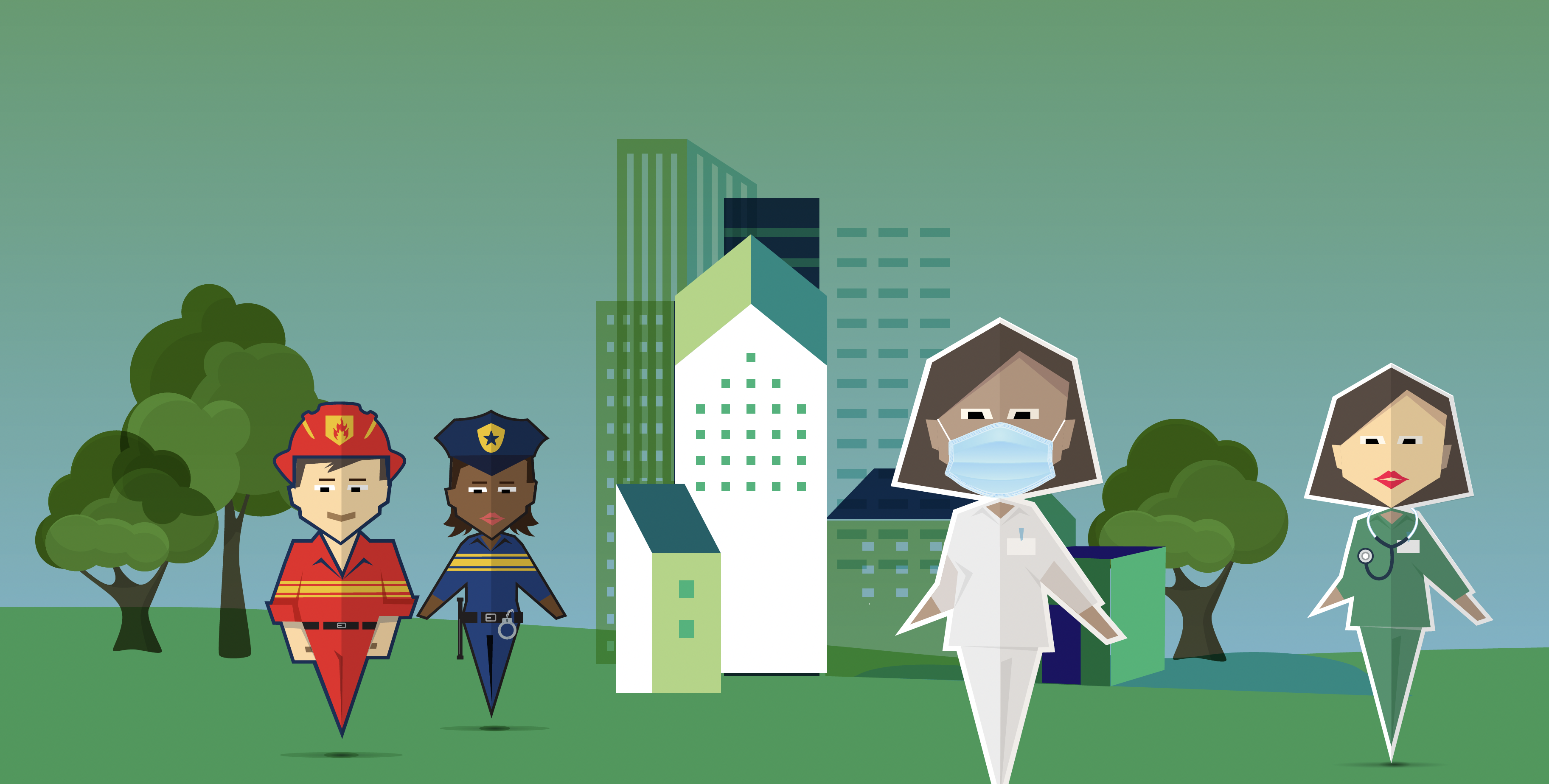 Illustration of professional groups: fire service, police and care workers