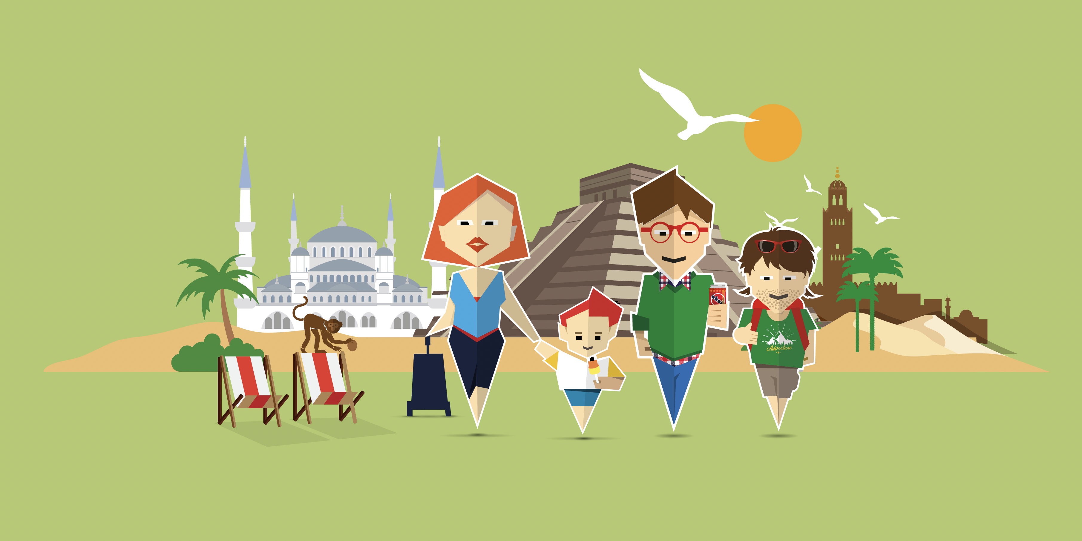 Illustration of a family travelling past world wonders