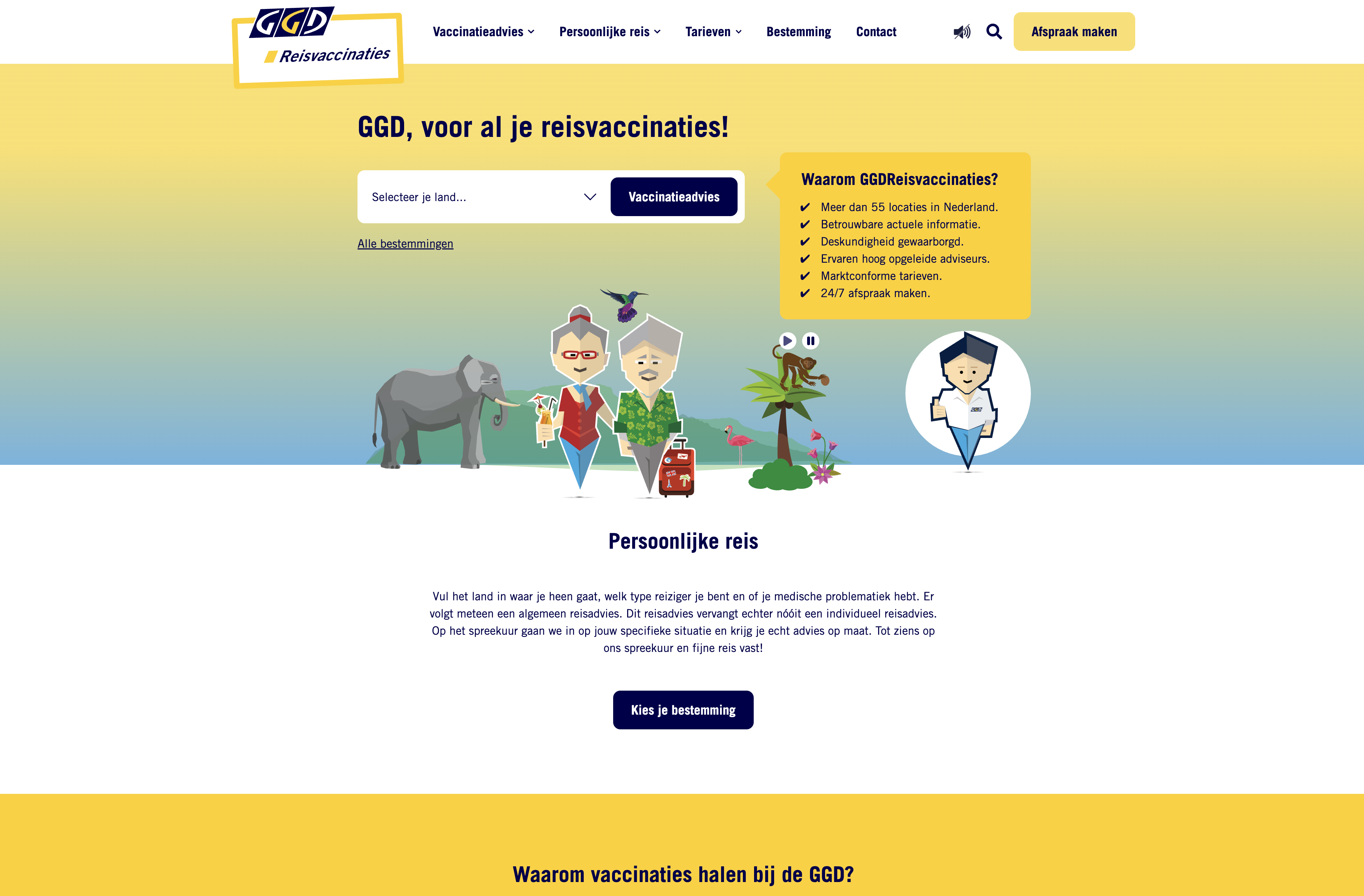 The GGDReisvaccinaties website with personal travel advice and recognisable avatars.