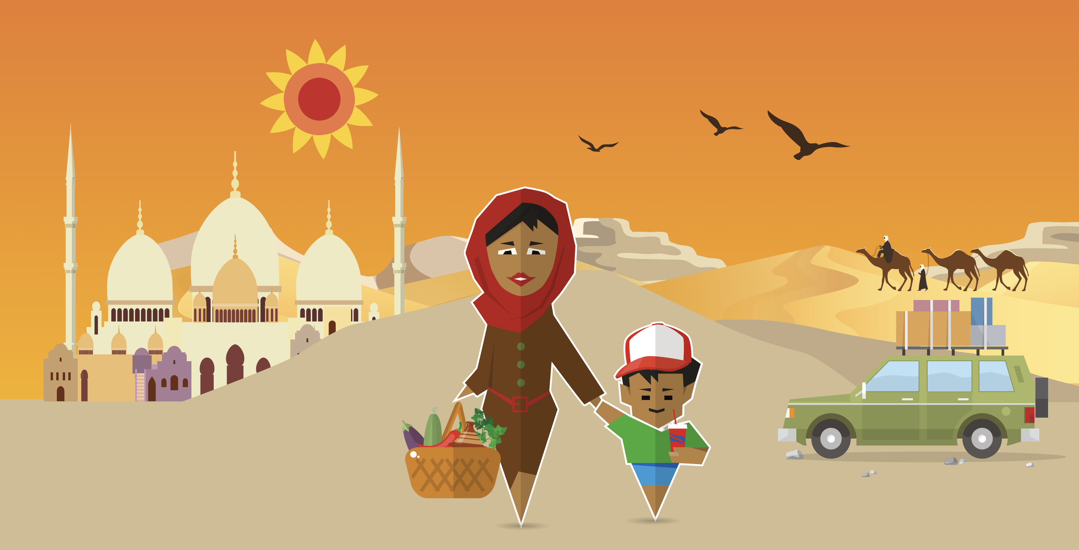 Illustration of a mother and child in a Moroccan landscape