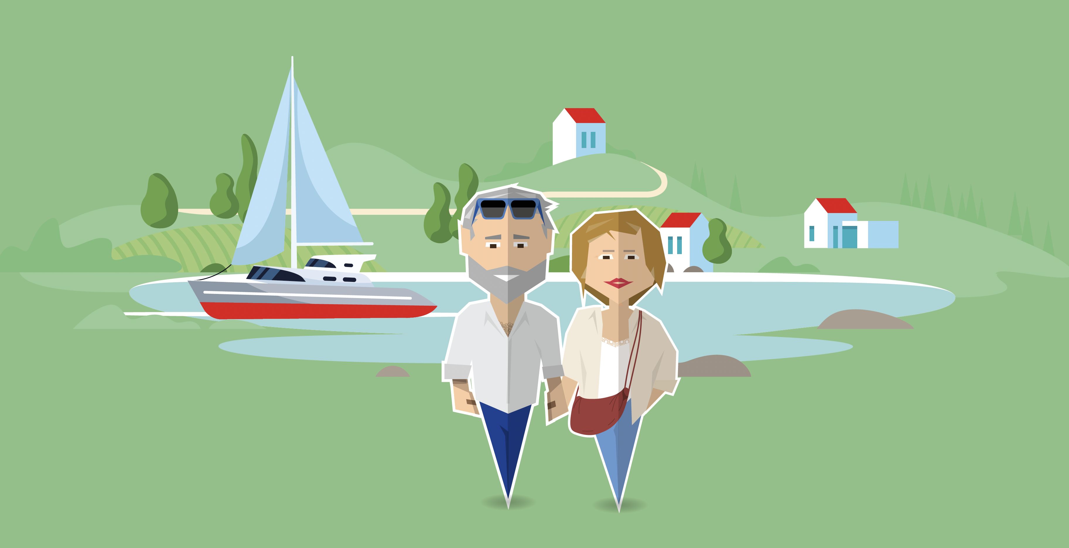 Illustration of a senior couple by a lake in Tuscany