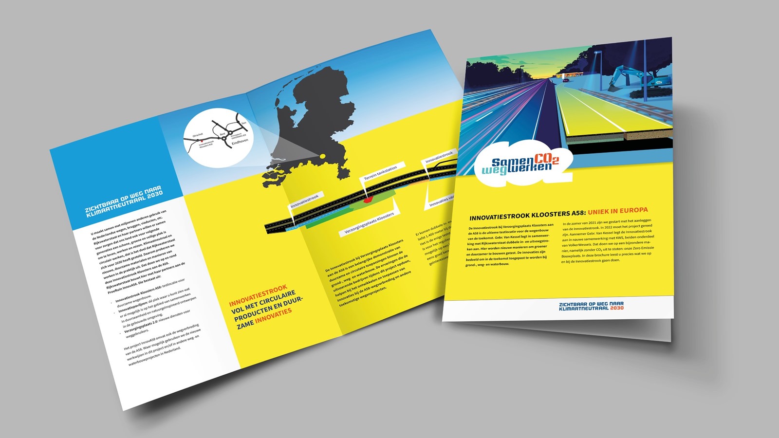 The SamenCO2Wegwerken campaign brochure: opened out, with the CO2 cloud, the yellow road and an explanation of the innovation lane