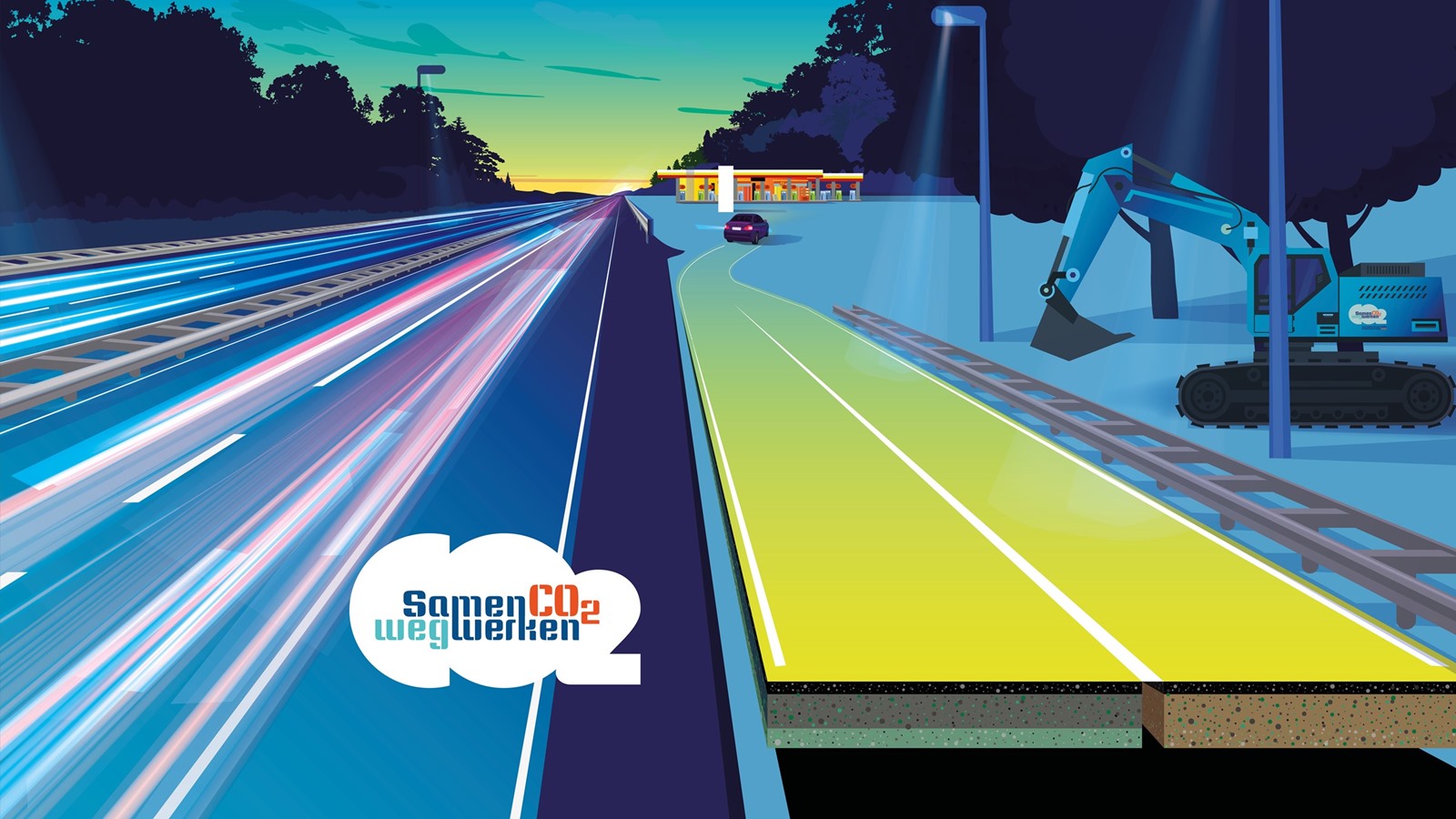 The campaign key visual SamenCO2Wegwerken: a motorway at dusk turning into a bright yellow road with the CO2 cloud and an excavator