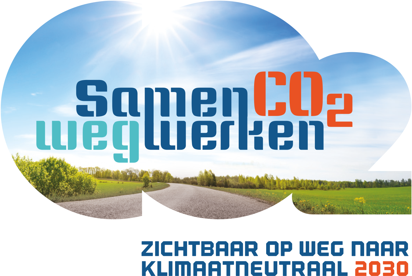 SamenCO2Wegwerken campaign logo, with a road through the landscape shaped like a CO2 cloud and the payoff visibly on the way to climate-neutral by 2030