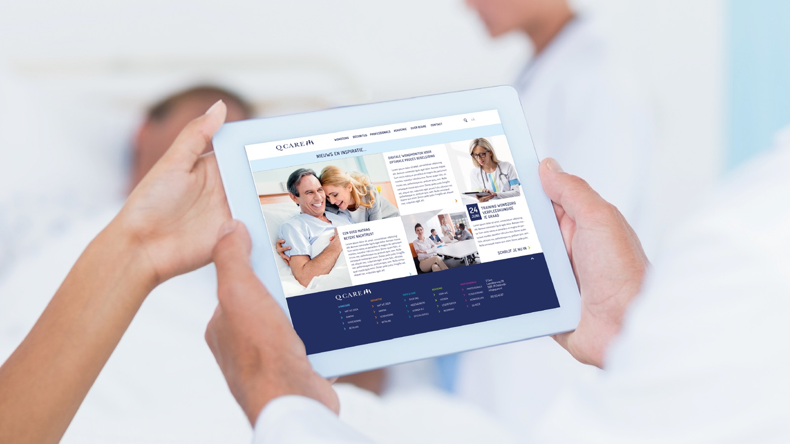 The Q Care website on a tablet, at a client's bedside