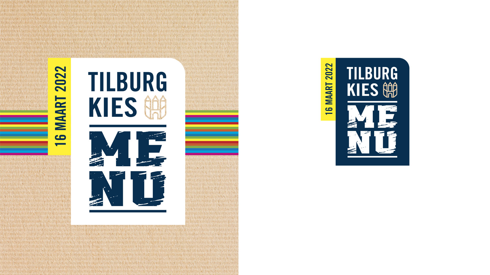 The Tilburg kies ME NU campaign label in two variants, on kraft cardboard and in dark blue.