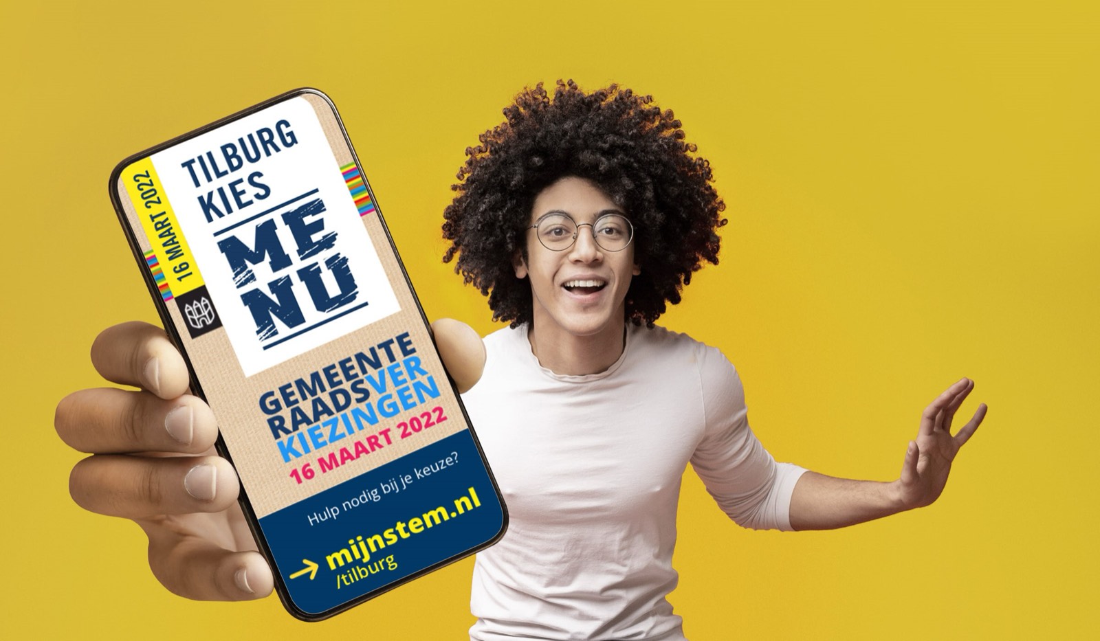 Mobile ad from the Tilburg kies ME NU campaign on a yellow background.