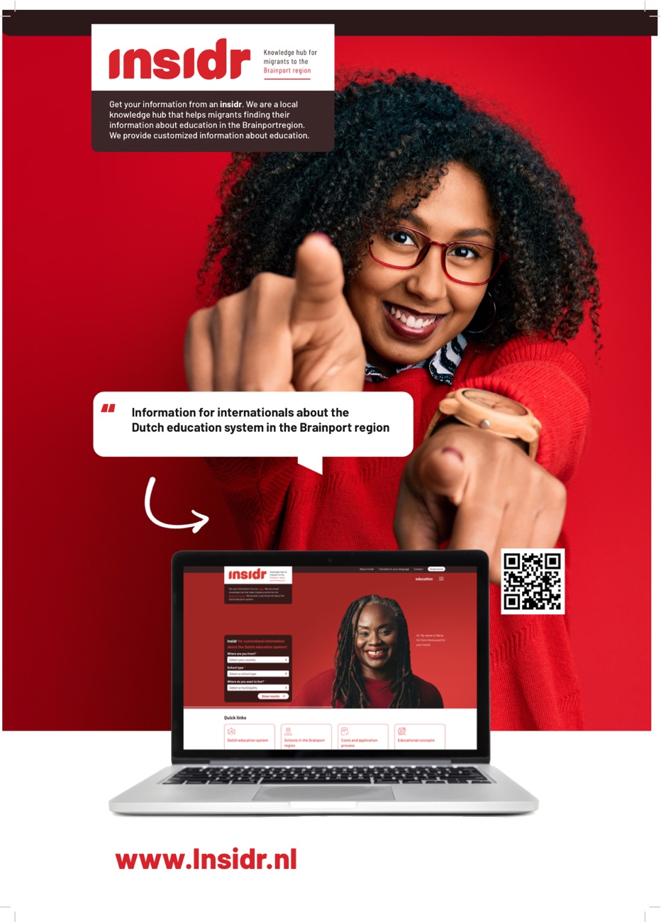 A3 poster of Insidr: an international points at the viewer, with a laptop showing the website and the URL www.insidr.nl.