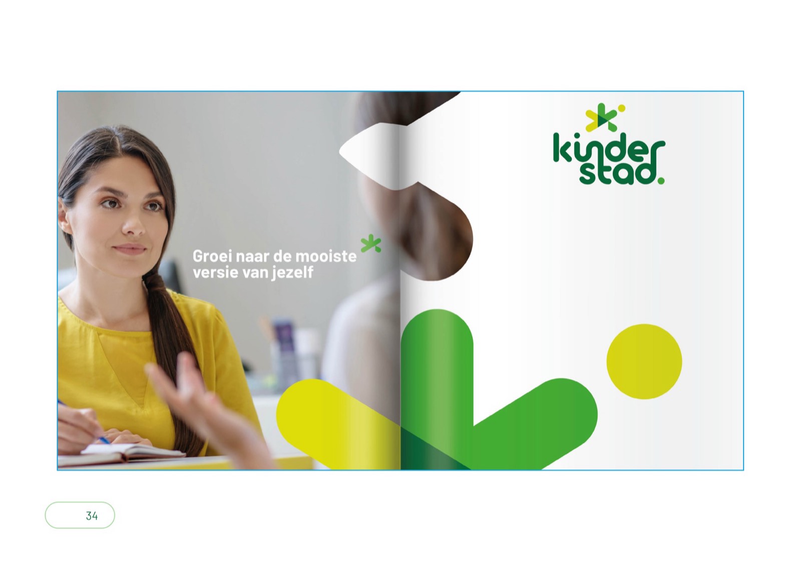 A Kinderstad brochure spread with pictorial-mark shapes and the pay-off.