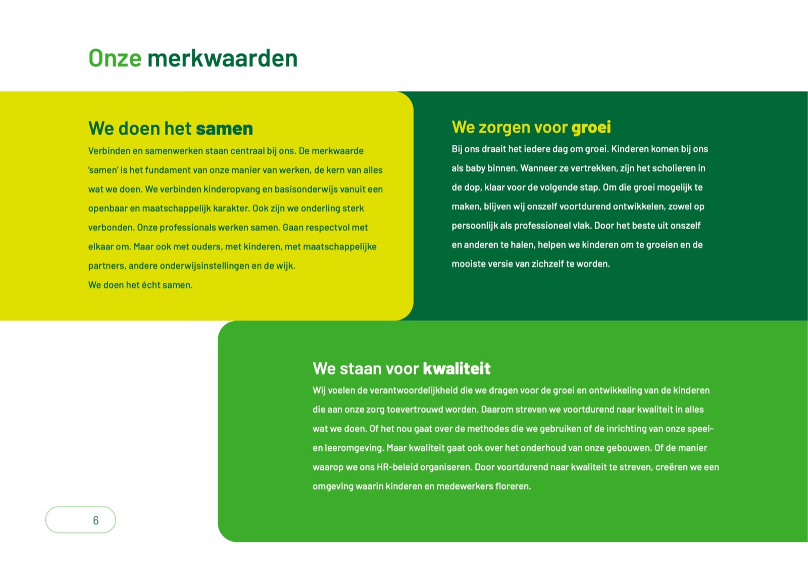 The three Kinderstad brand values in the visual identity: together, growth and quality.