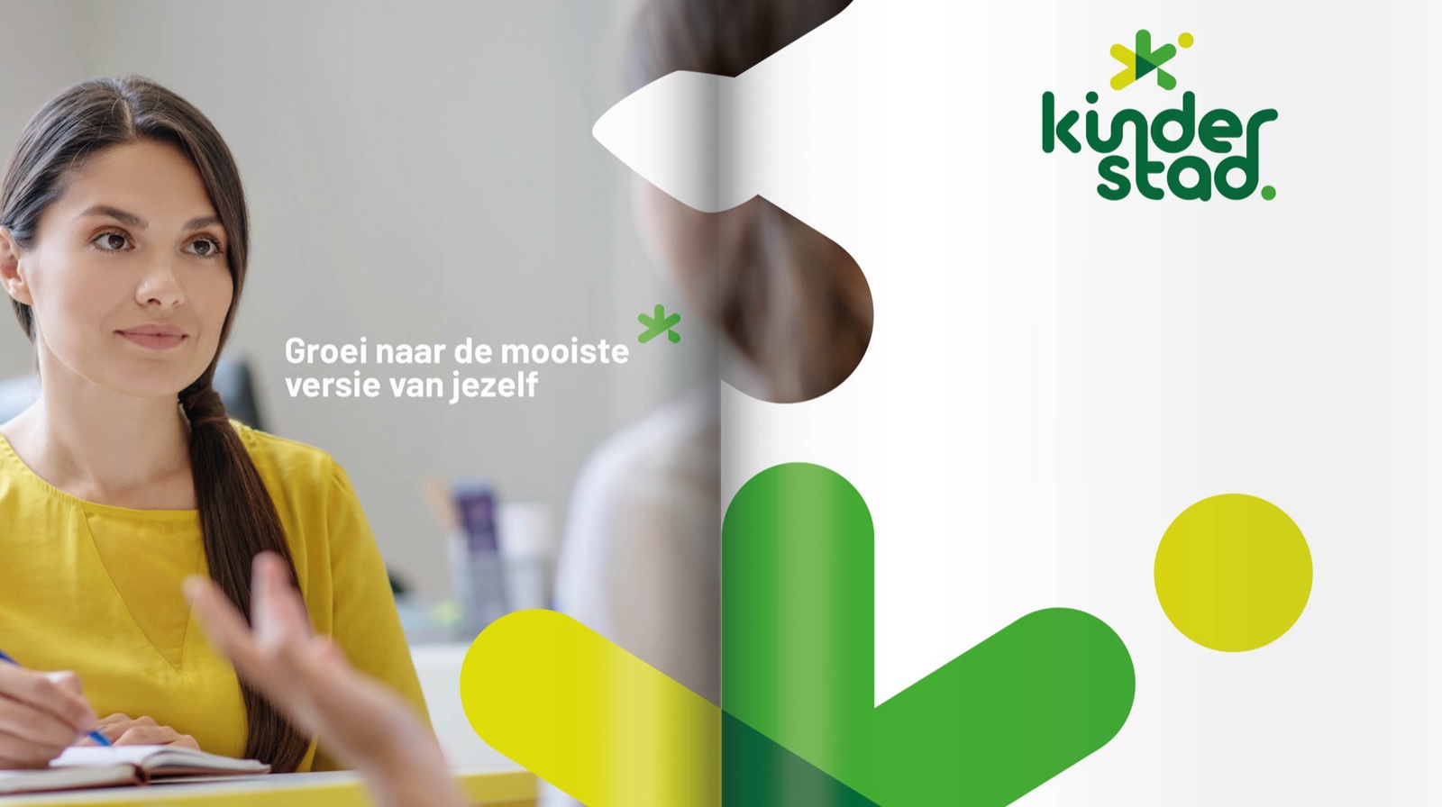A Kinderstad visual-identity spread with logo, colours and patterns.