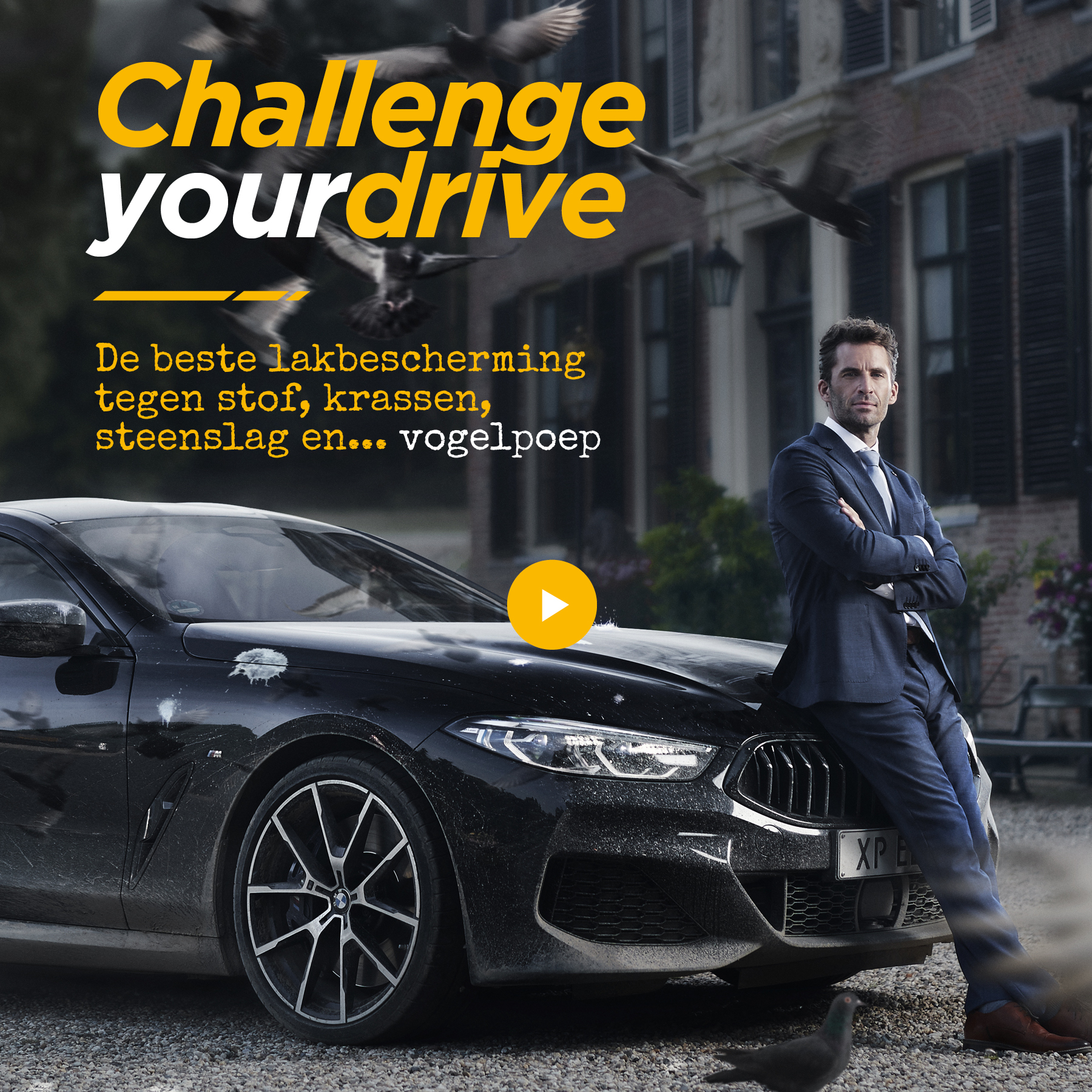 Persona Thomas in a suit by his dark BMW with pigeons, 'No risk'.