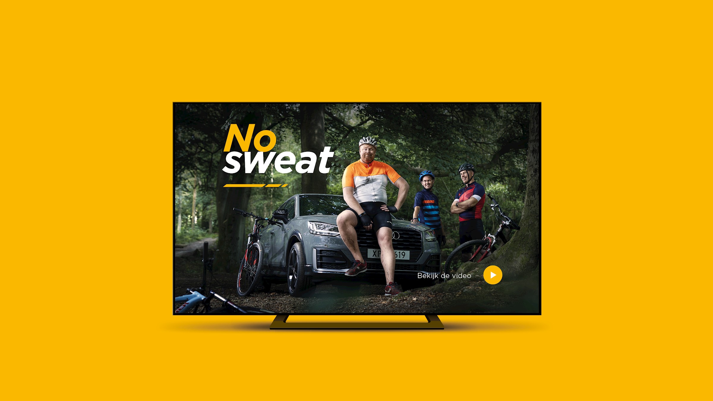 Still from the XPEL commercial 'No sweat' with persona Peter and his car in the woods.